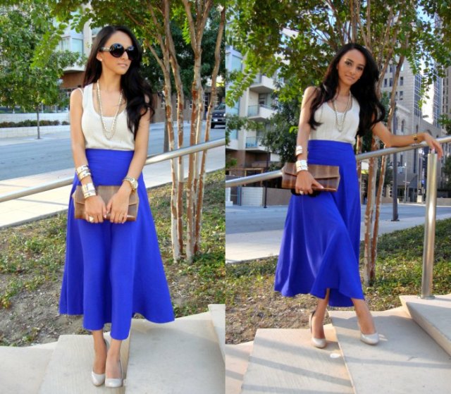 white tank top with scoop neckline and royal blue maxi skirt