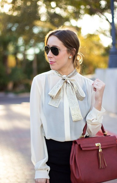 white, semi-transparent chiffon blouse, golden bow