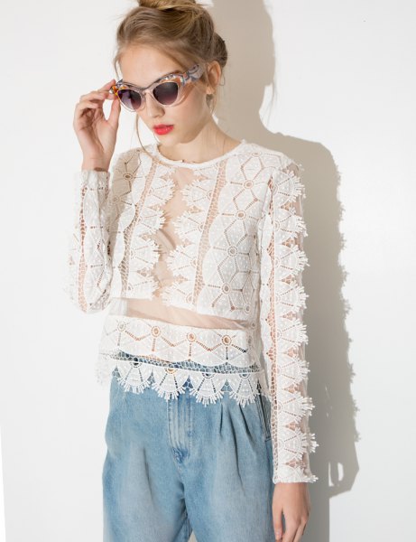 white, semi-transparent lace top with light blue chambray pants