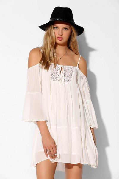 white, semi-transparent chiffon swing dress with open shoulder