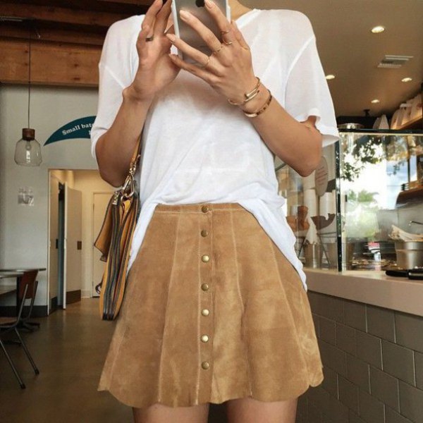 white, semi-transparent, brown suede scallop skirt with button placket