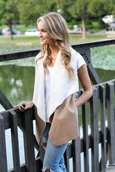 white lambskin vest with t-shirt and jeans