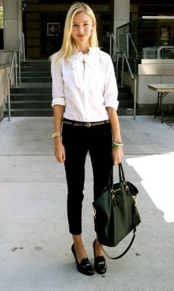 white shirt black skinny jeans loafers