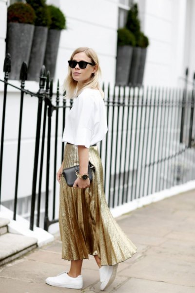 white shirt gold pleated maxi skirt