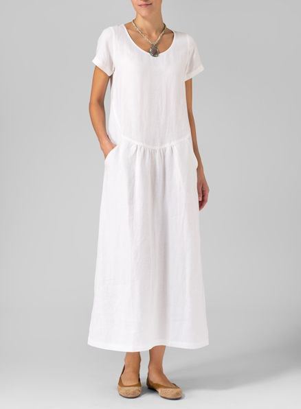 white short-sleeved linen maxi dress