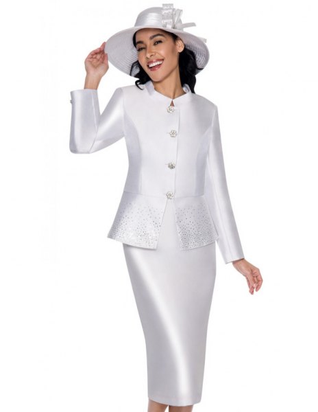 white silk skirt suit with matching felt hat