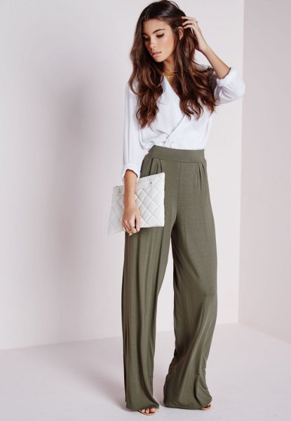 white silk wrap trousers, olive green trousers with wide legs