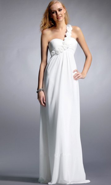 white floor-length dress with a sweetheart neckline and a strap