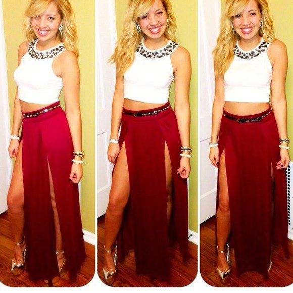 white sleeveless crop top with red maxi skirt with double slit