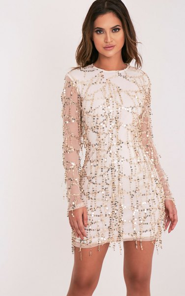 white sleeveless sheath dress rose gold sequins transparent edition