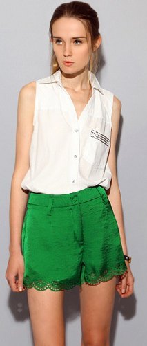 white sleeveless shirt green silk shorts and lace scalloped