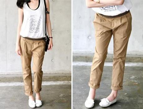 white sleeveless top with light brown chinos