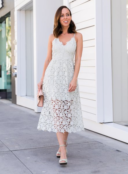 white spaghetti strap midi dress with V-neckline and open toe heels