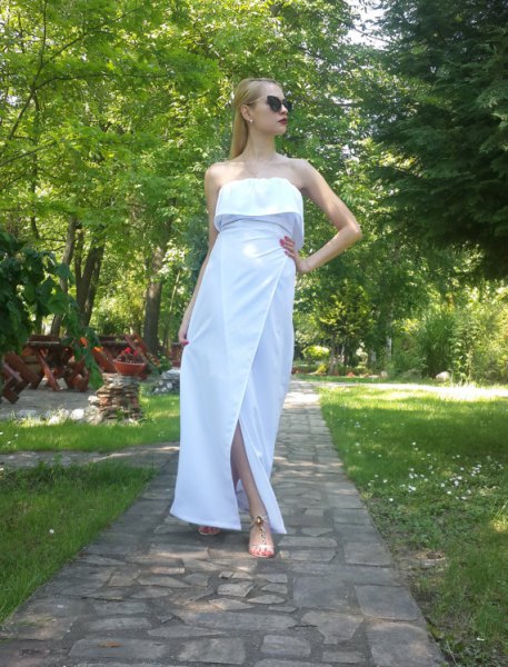 white strapless maxi cotton dress with folded shoulder
