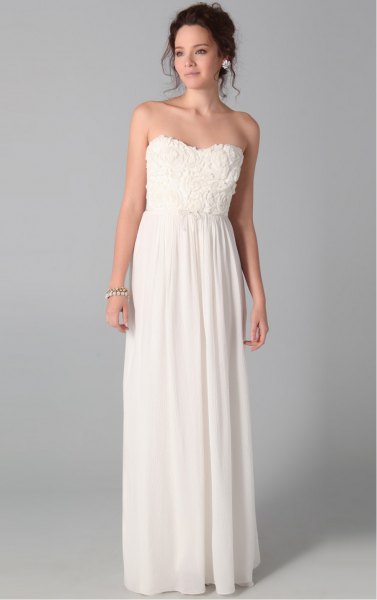 white strapless maxi dress with pleats