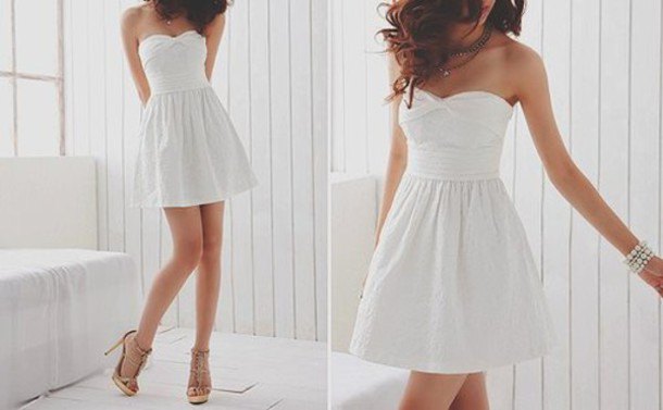 white strapless sweetheart neckline fit and flared mini dress