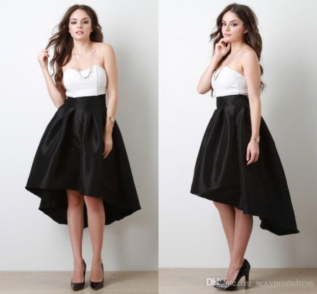 white strapless top black silk skirt with low flare
