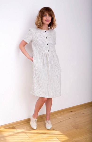 white striped knee-length dress with buttons