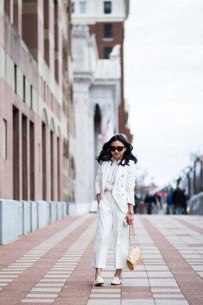 white suit with matching leather shoes
