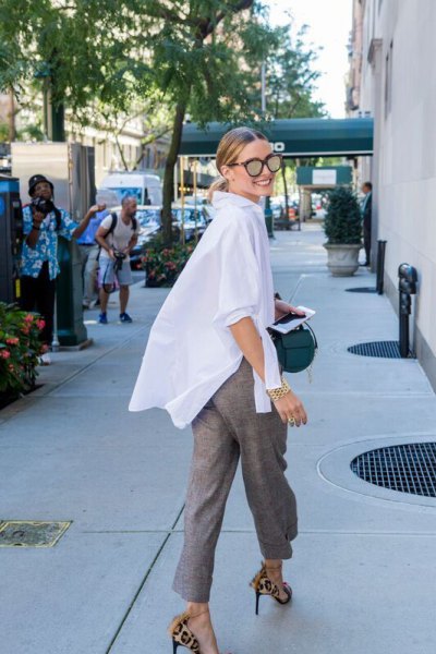white super oversized shirt with gray short-cut chinos