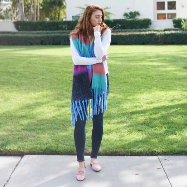 white pullover colorful fringed knit scarf
