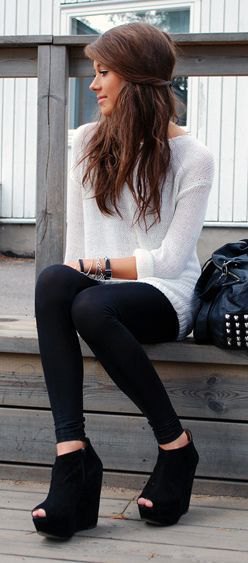 white sweater dress with leggings and black wedge boots with open toes