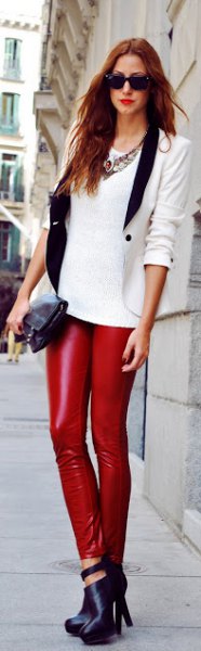 white sweater with tailored blazer and leather gaiters