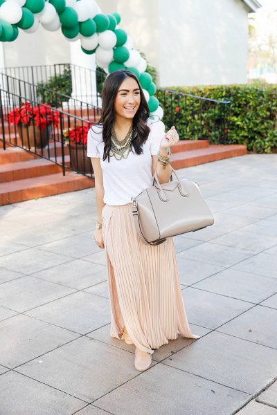 white t-shirt with blushing pink pleated maxi skirt