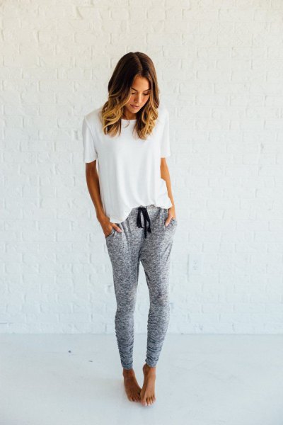white t-shirt with gray jogger sweatpants