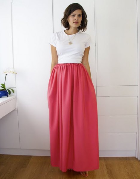 white t-shirt with high waisted elastic waist maxi pink skirt