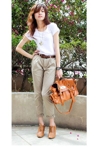 white t-shirt with light brown chinos with cuffs