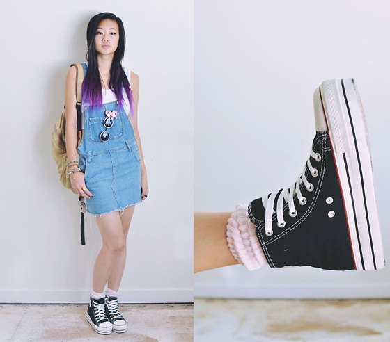 white tank top overall dress high top Converse