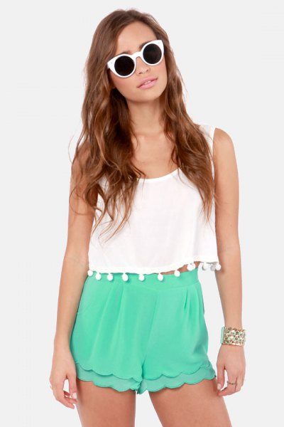 white, cropped tank top with tassel, gray shiffon shorts with high waist