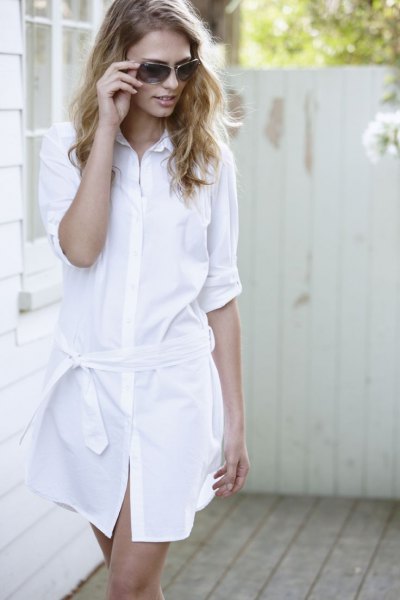 white tie shirt dress with bare sandals