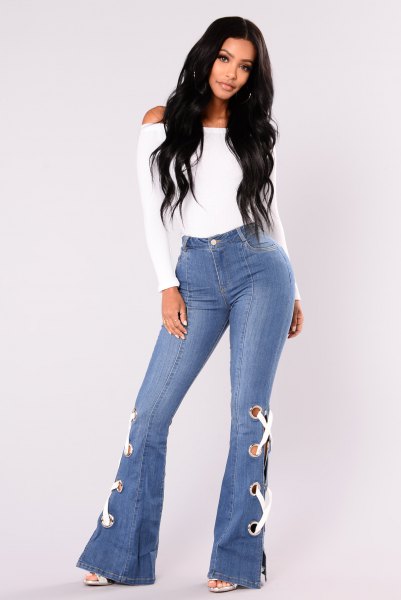 white top bell button jeans lace details