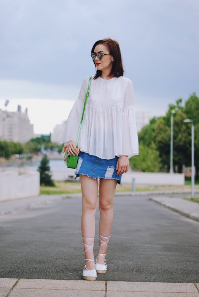 white top denim skirt with strappy heels