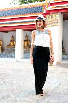 white tribal printed tank top with black maxi skirt