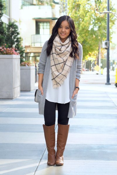 white tunic blouse with blushing pink scarf and gray longline cardigan