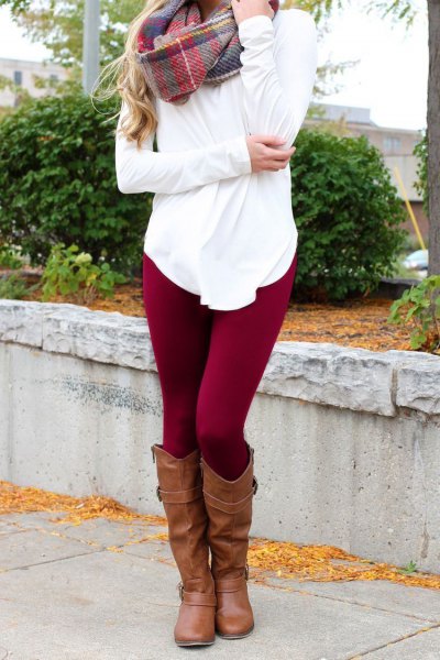 white tunic T-shirt with a gray checked cashmere scarf and burgundy fleece gaiters