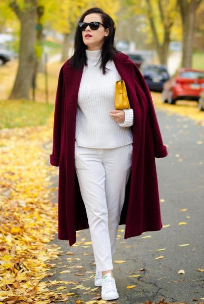 white turtleneck with a long coat and a long coat