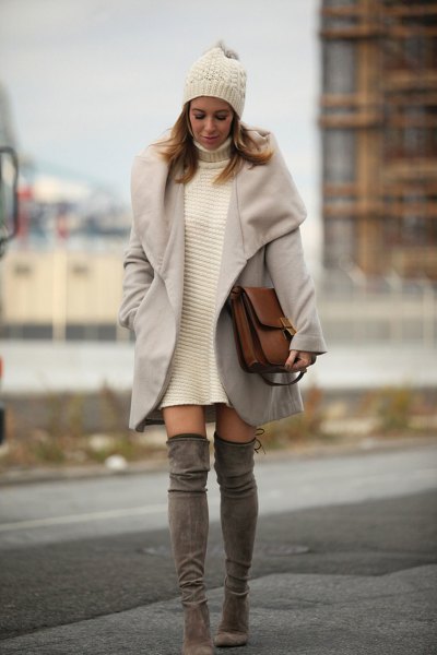 white turtleneck dress with gray wool coat