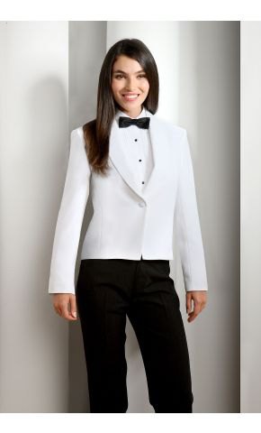 white tuxedo with black trousers and bow tie