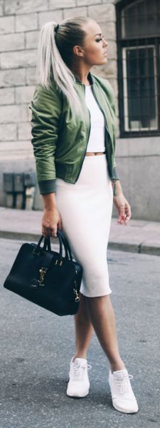 white two-piece, figure-hugging midi dress with olive-colored jacket