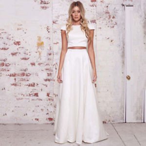 white two-piece flowing maxi satin dress