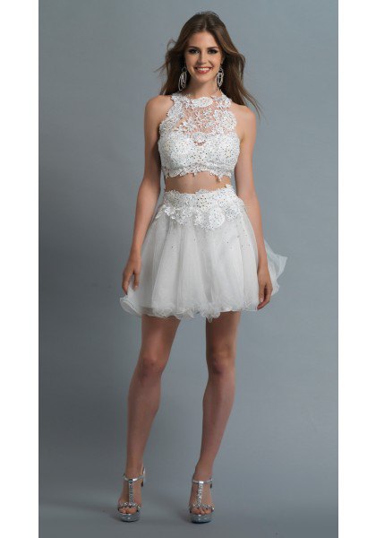 white two-piece tulle dress with lace halter