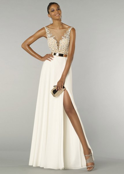 white, two-tone dress with maxi belt and high split