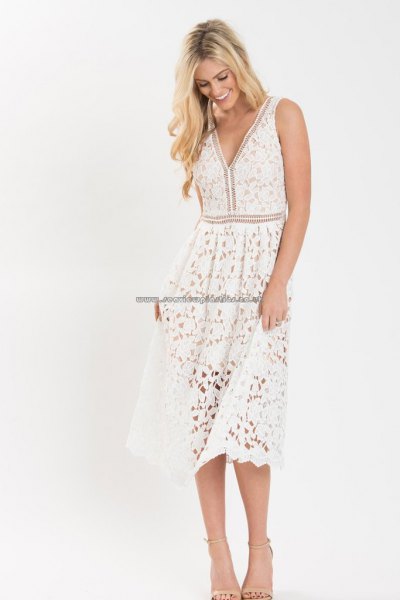white midi lace dress with V-neckline and flared tank and open toe heels