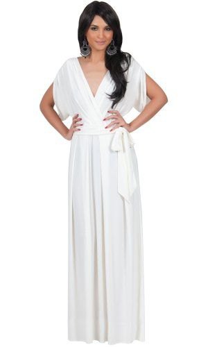 white floor-length wrap dress with V-neck