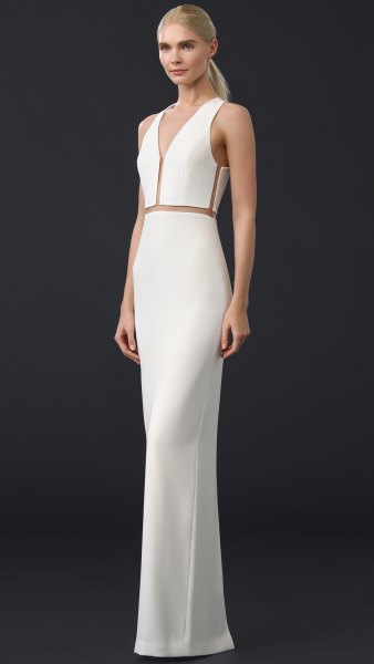 white, figure-hugging maxi dress with V-neck