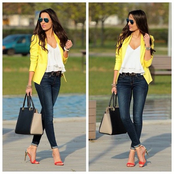 white ruffle top with V-neck and yellow jacket